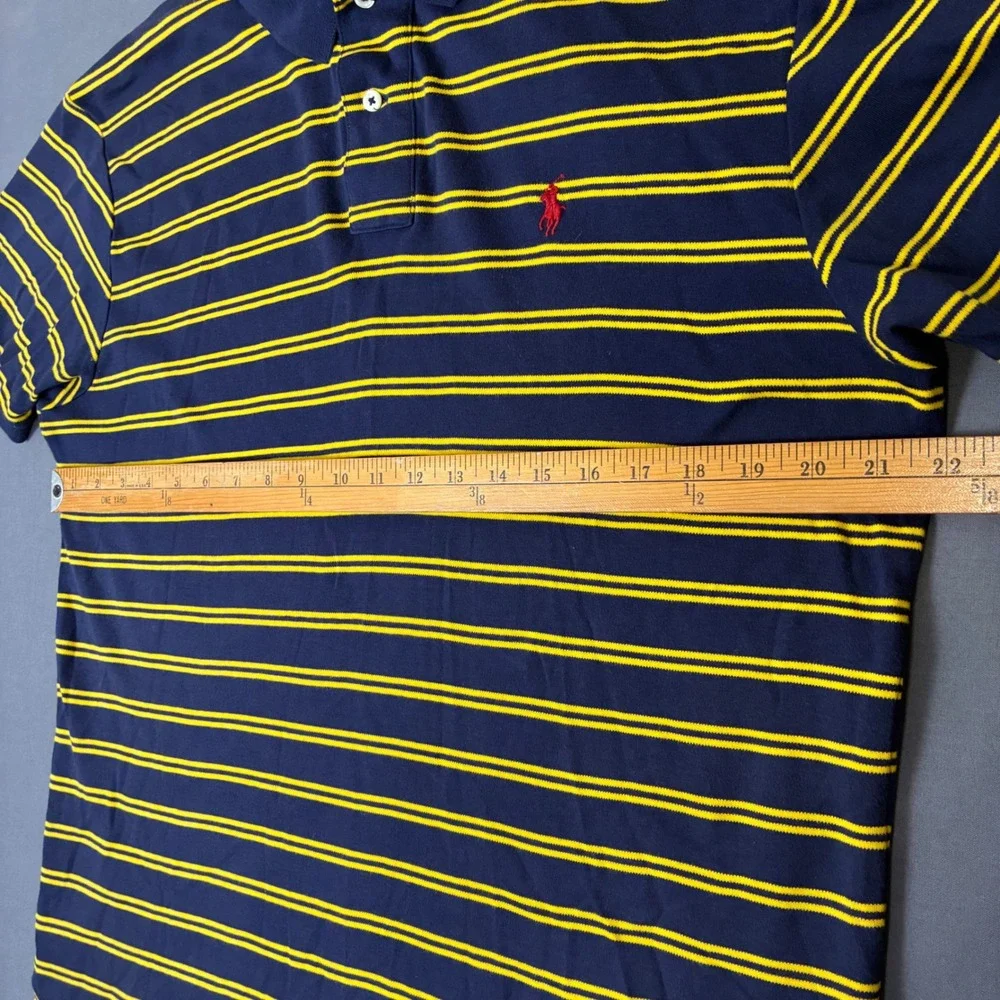 Polo Ralph Lauren Navy Blue & Yellow Striped Short Sleeve Polo Shirt Mens Medium
